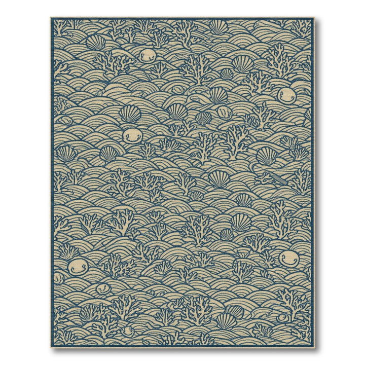 Coastal Beach Blue Coastal Waves Seashell Area Rug