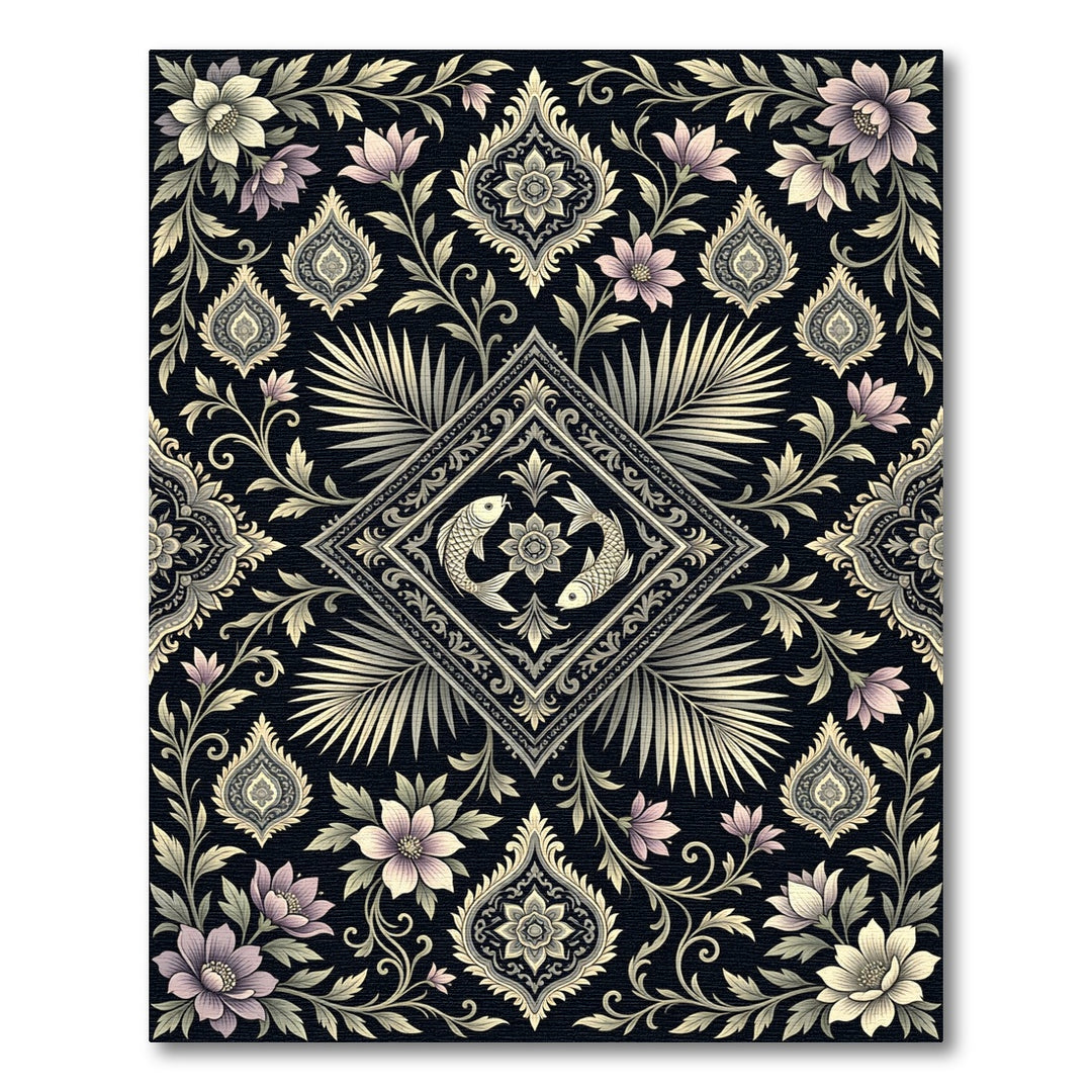 Elegant Black Floral Fish Medallion Rug