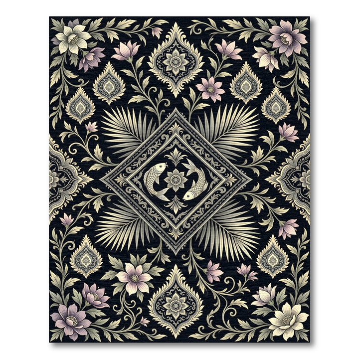 Elegant Black Floral Fish Medallion Rug