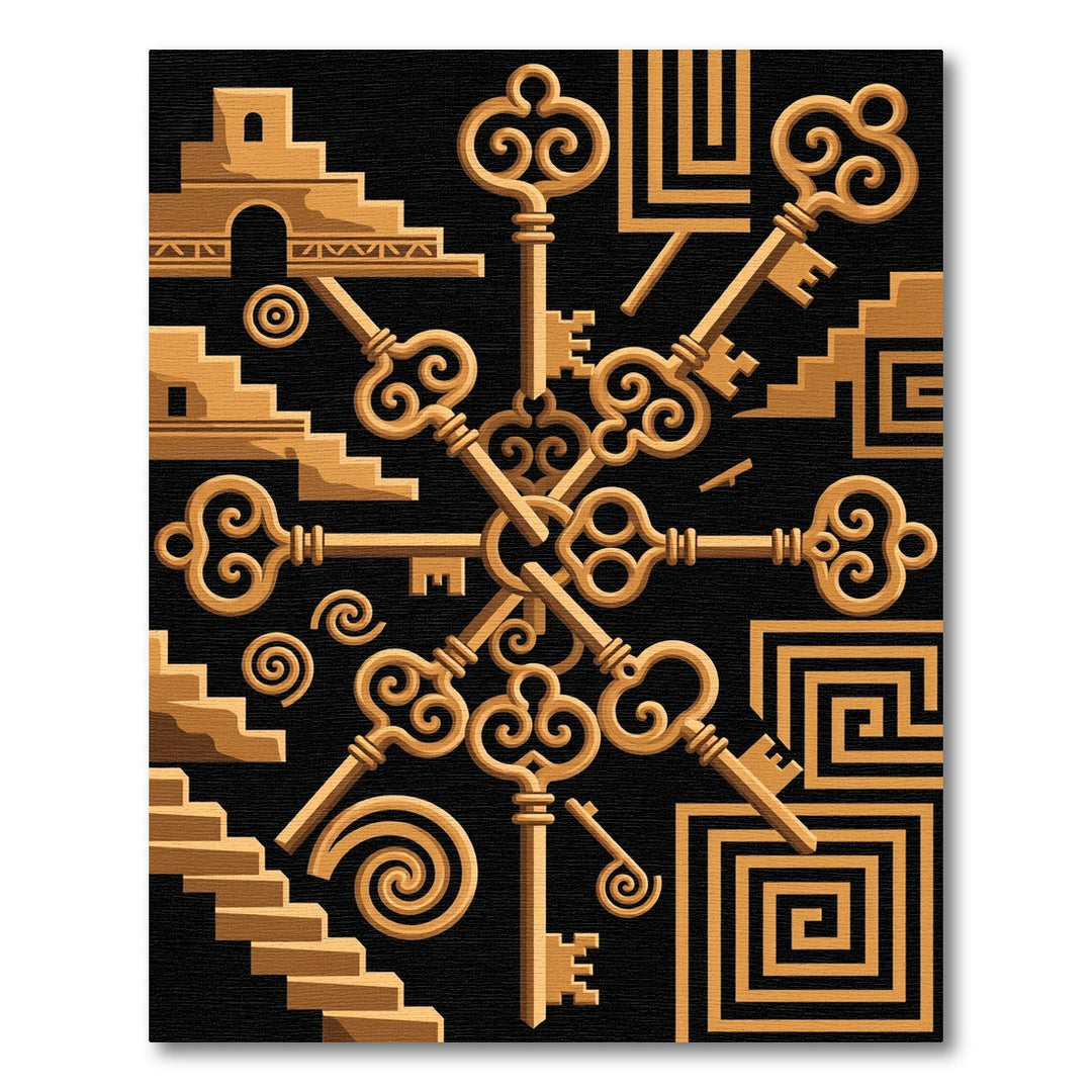Golden Ornate Keys Staircase Motif Rug