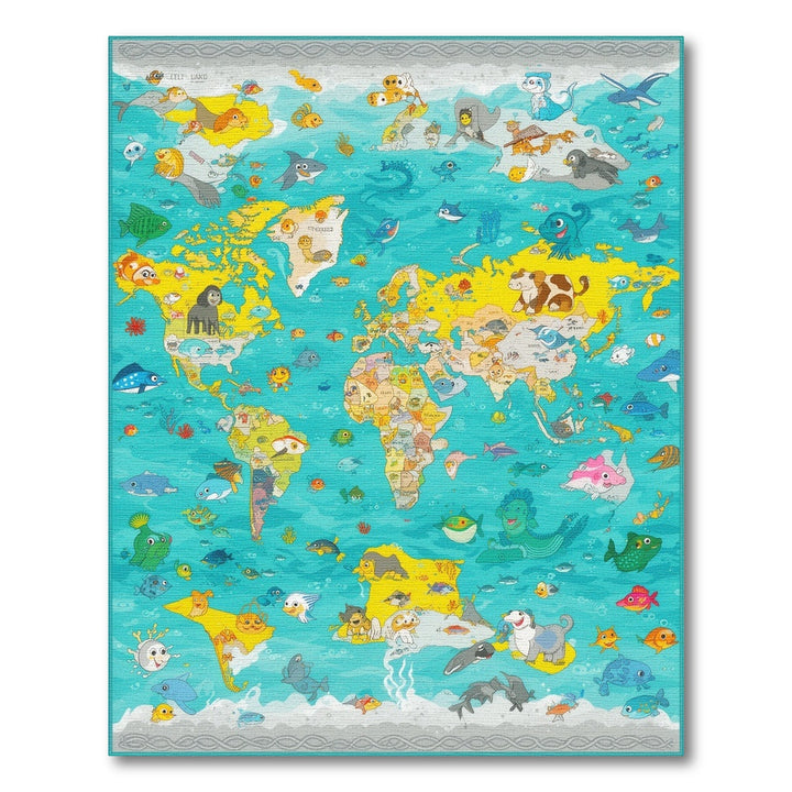 Kids Cartoon World Map Area Rug with Animals