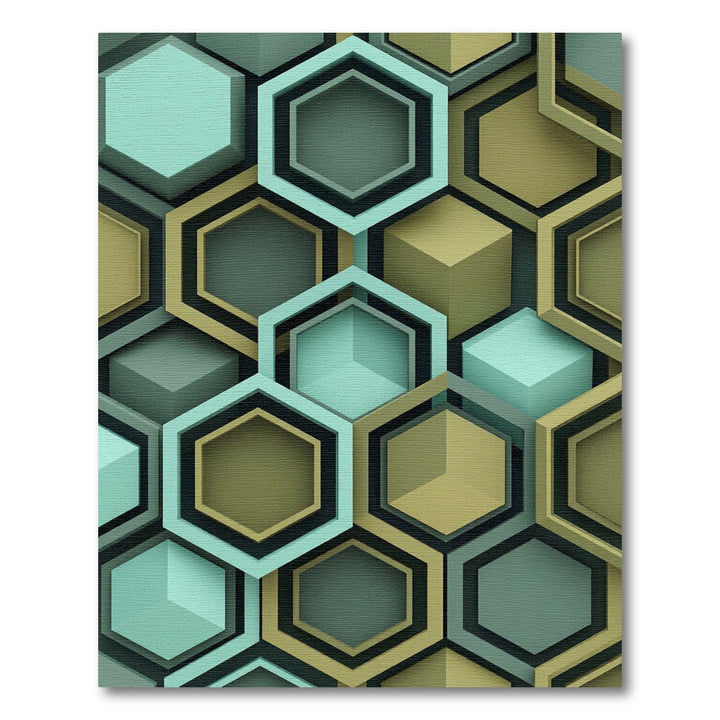 Geometric Teal Gold Hexagon Arrangement Rug