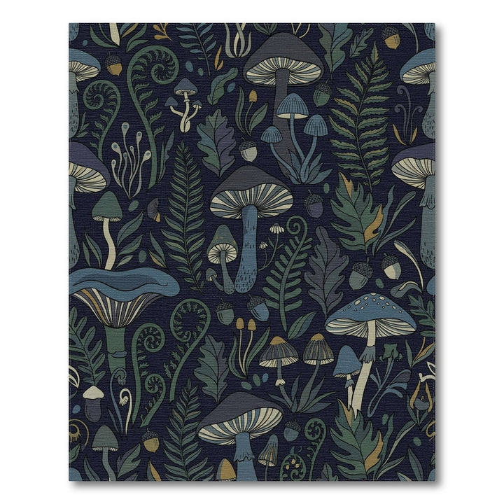 Forest Mushroom Fern Acorn Dark Blue Rug