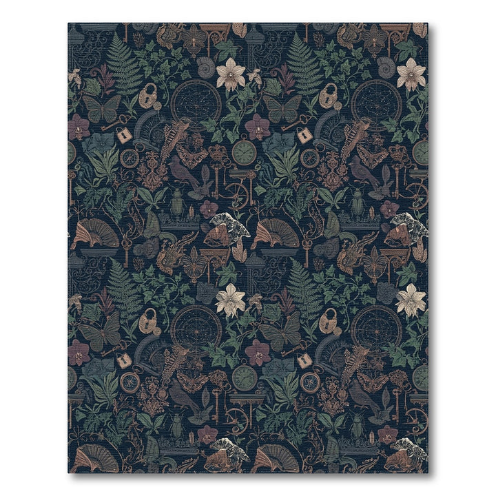 Dark Navy Nocturnal Botanical Collage Rug