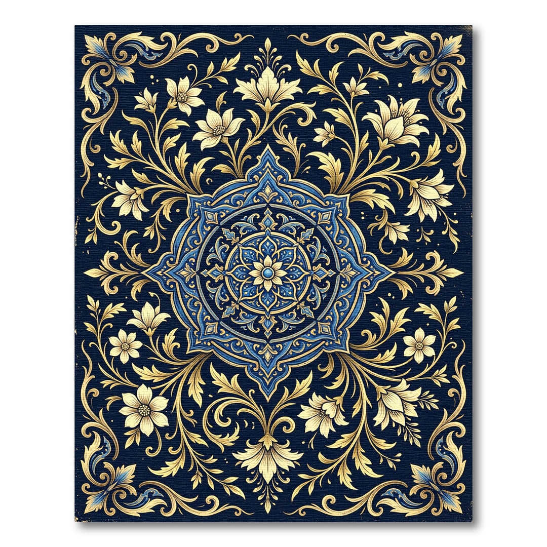Ornate Golden Blue Floral Mandala Rug