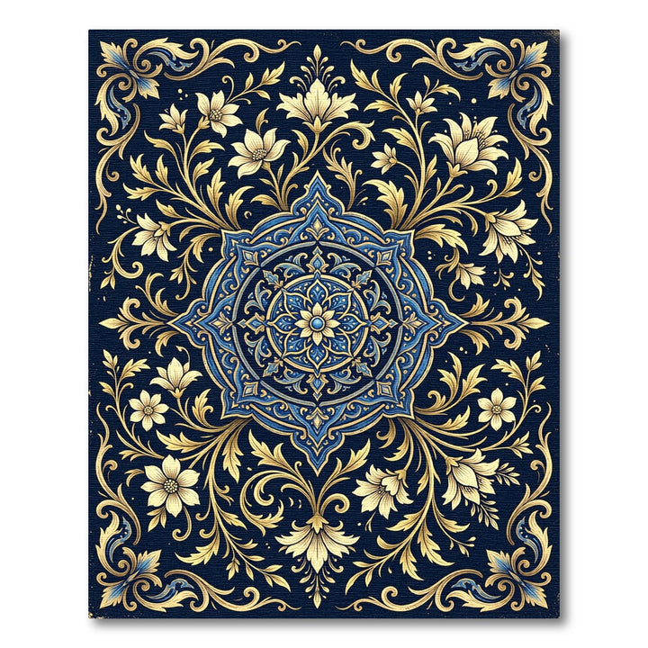 Ornate Golden Blue Floral Mandala Rug