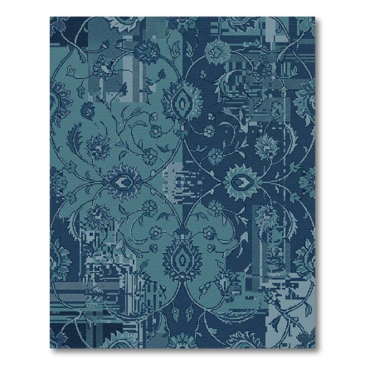 Teal Blue Botanical Pixelated Medallions Rug