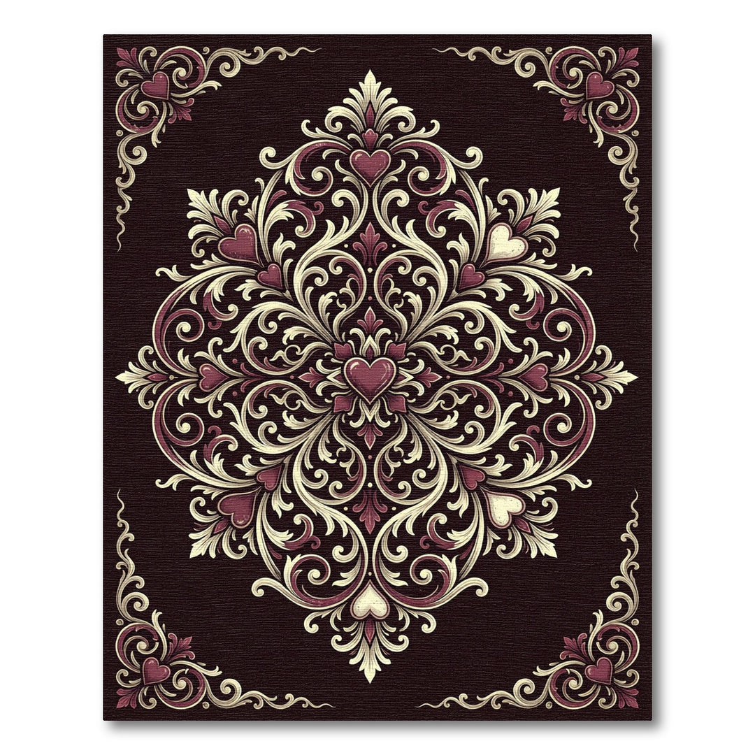 Elegant Burgundy Heart Floral Mandala Rug