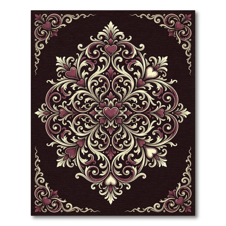 Elegant Burgundy Heart Floral Mandala Rug