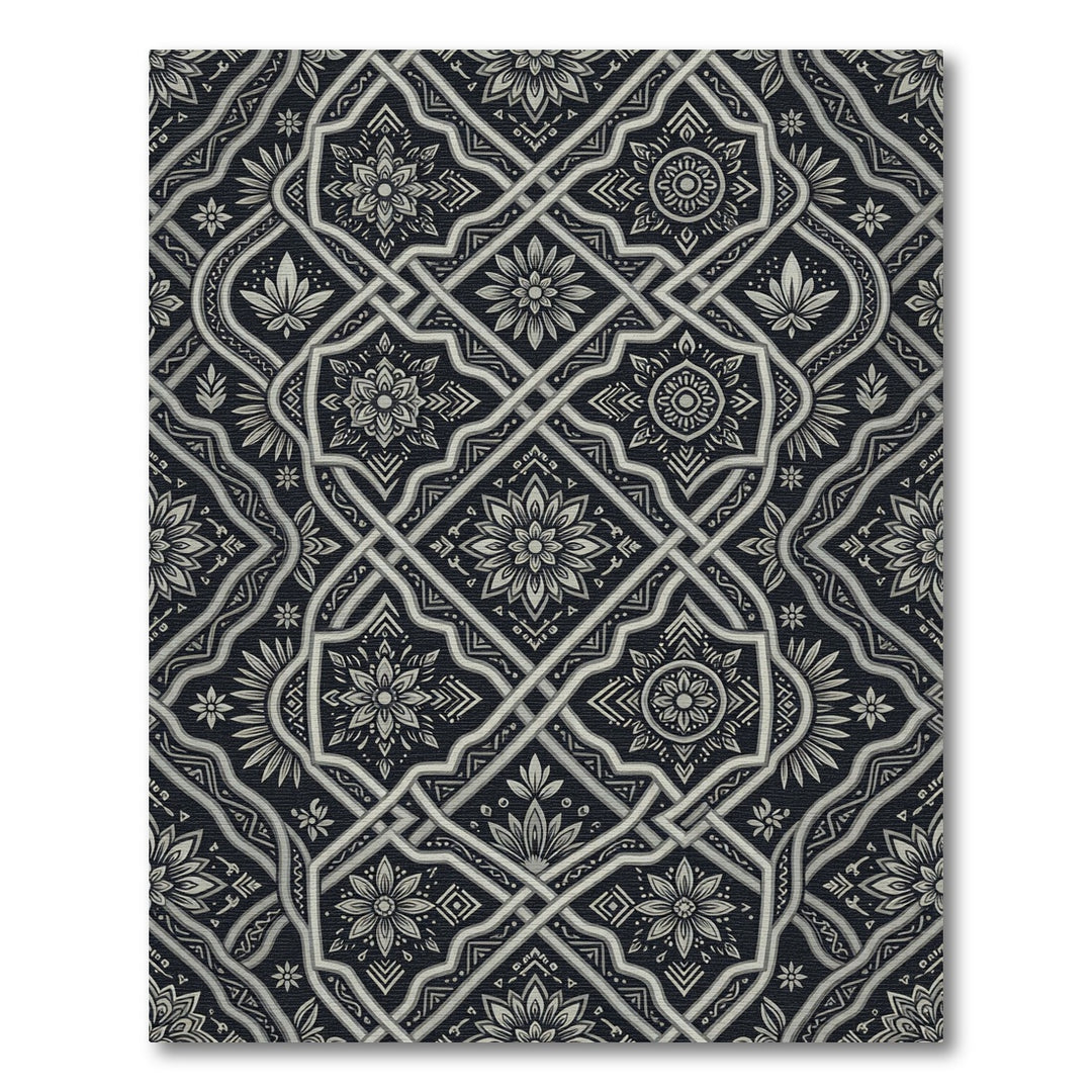 Intricate Black White Geometric Floral Medallions Rug