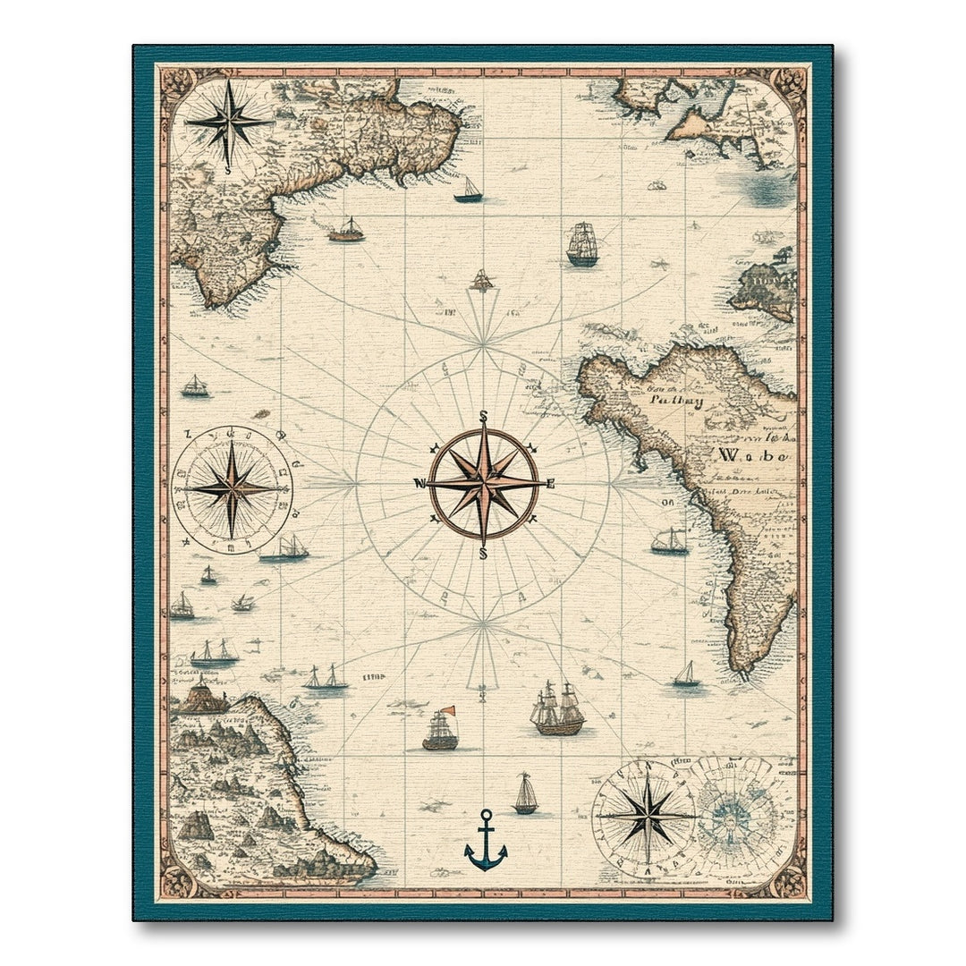 Vintage Nautical Map Area Rug with Compass