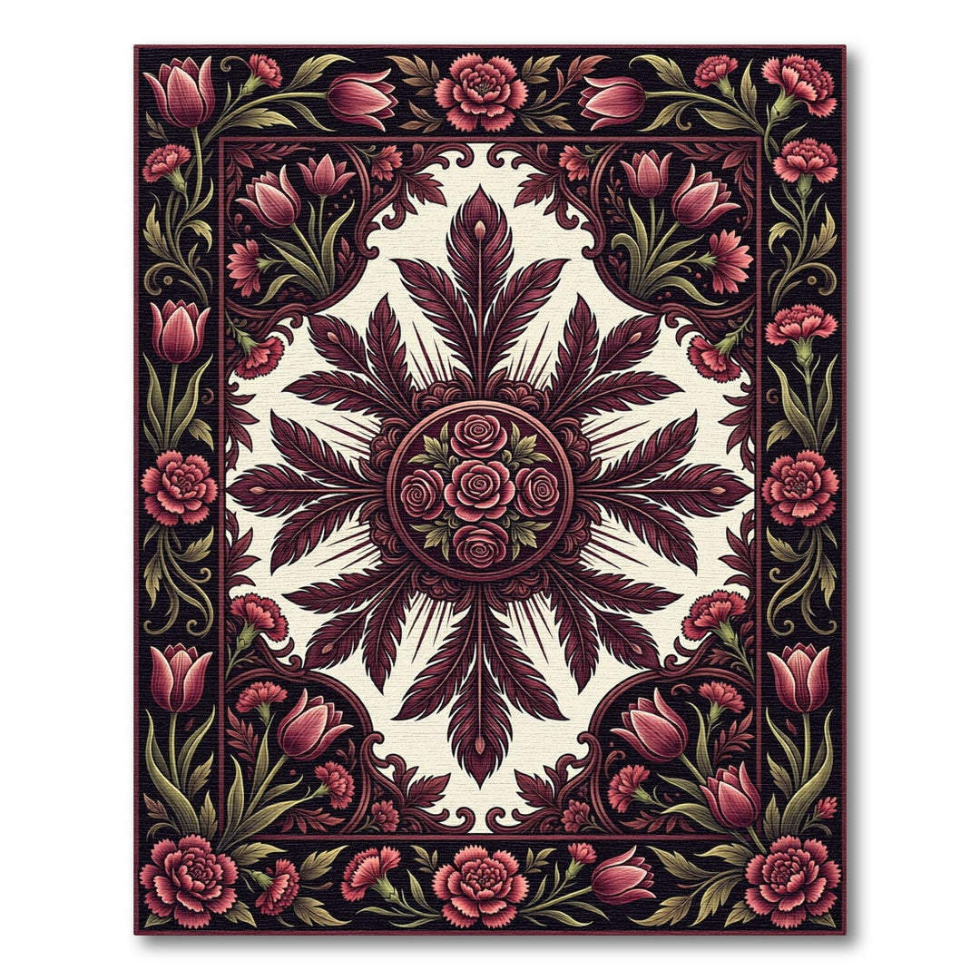 Deep Red Floral Feather Medallion Rug