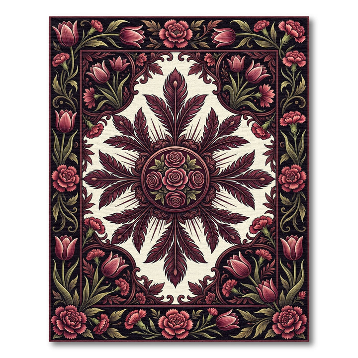 Deep Red Floral Feather Medallion Rug