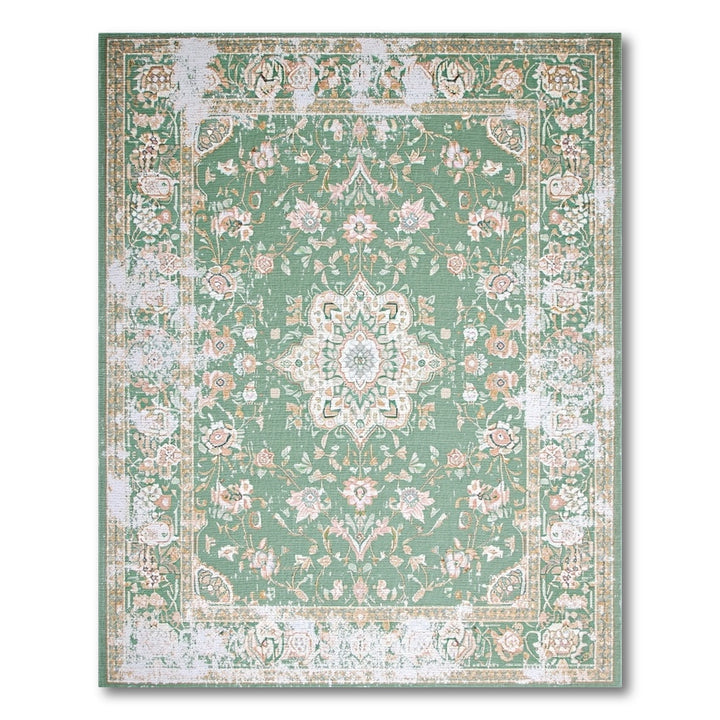 Green Distressed Green Floral Vintage Area Rug