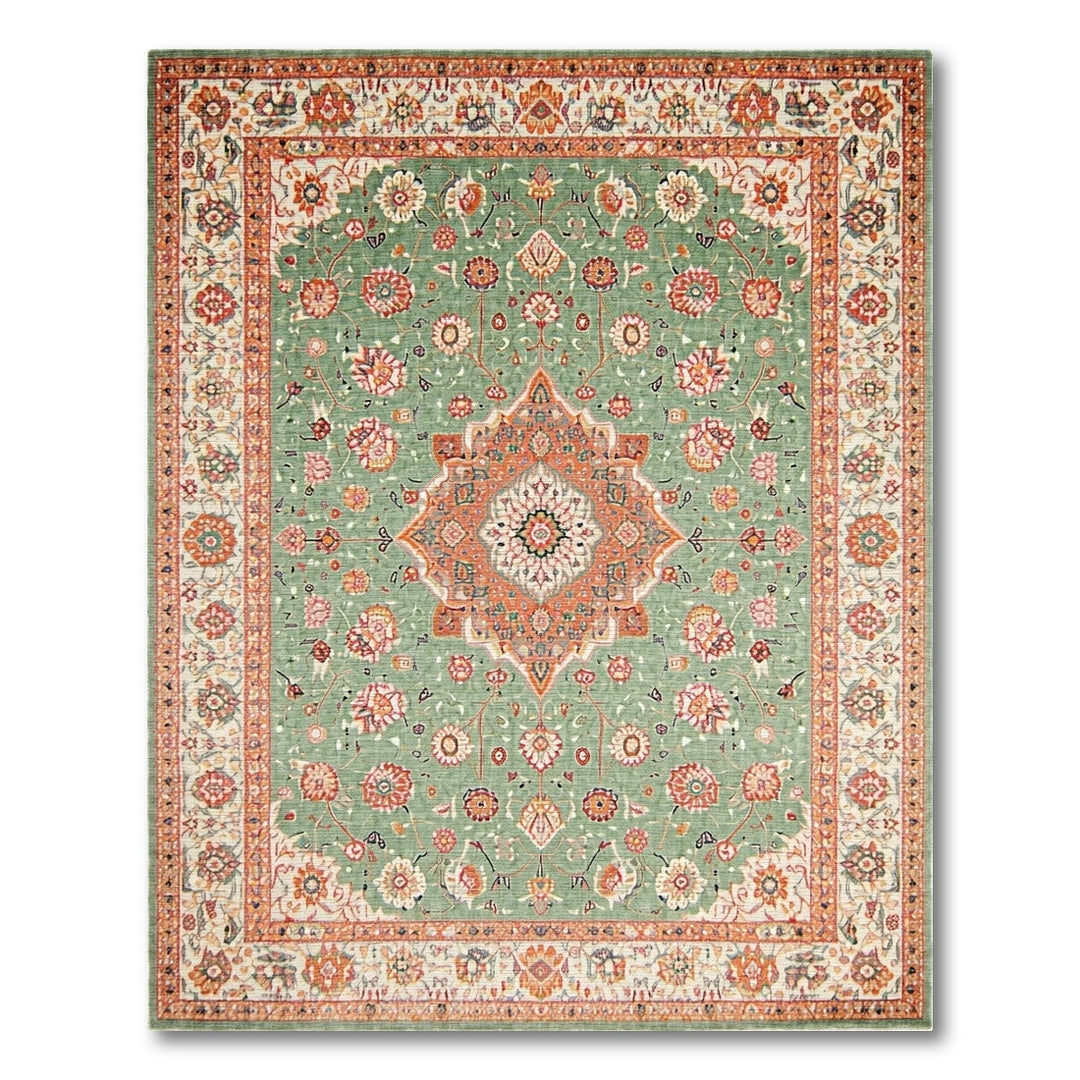 Green Persian Floral Medallion Traditional Persian Area Rug