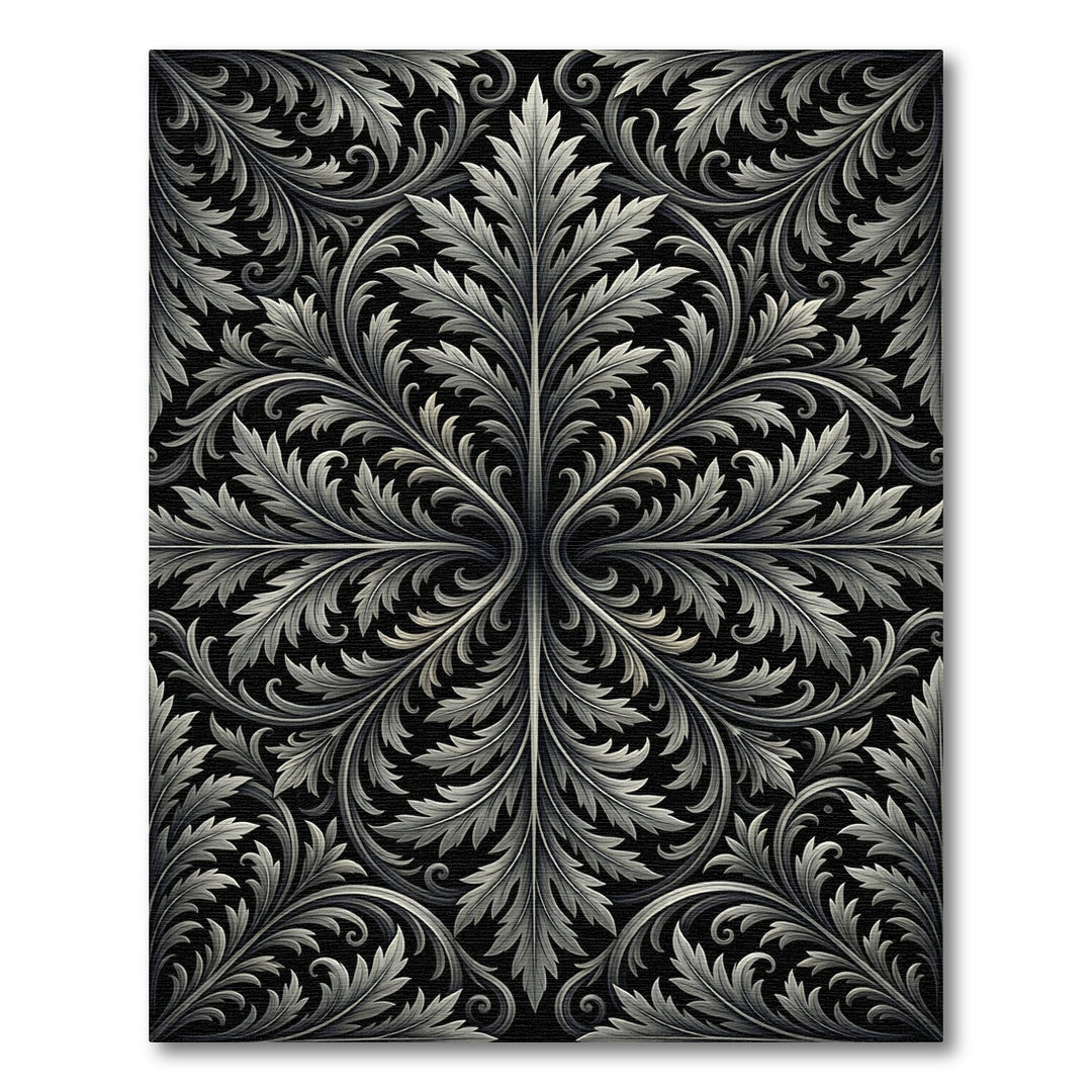 Ornate Black Silver Acanthus Leaf Rug