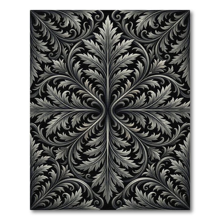 Ornate Black Silver Acanthus Leaf Rug