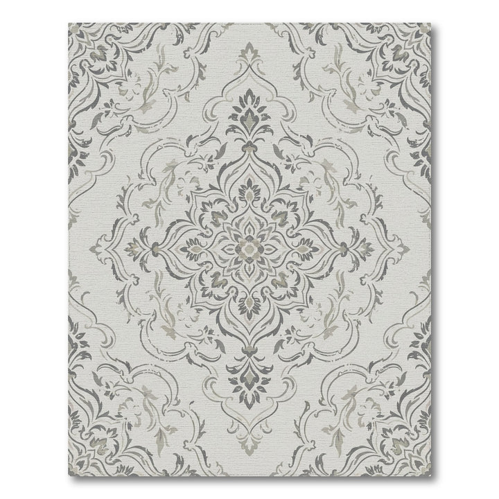 Neutral Gray Vintage Damask Medallion Rug