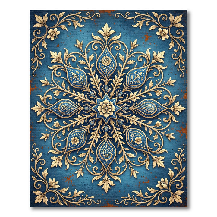 Ornate Golden Blue Mandala Tapestry Rug