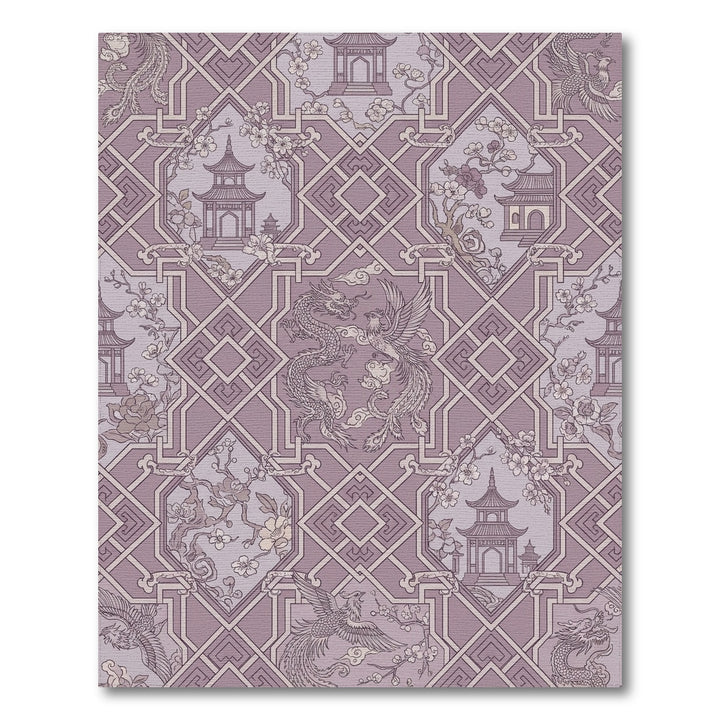 Mauve Dragon Phoenix Pagoda Blossom Tile Rug