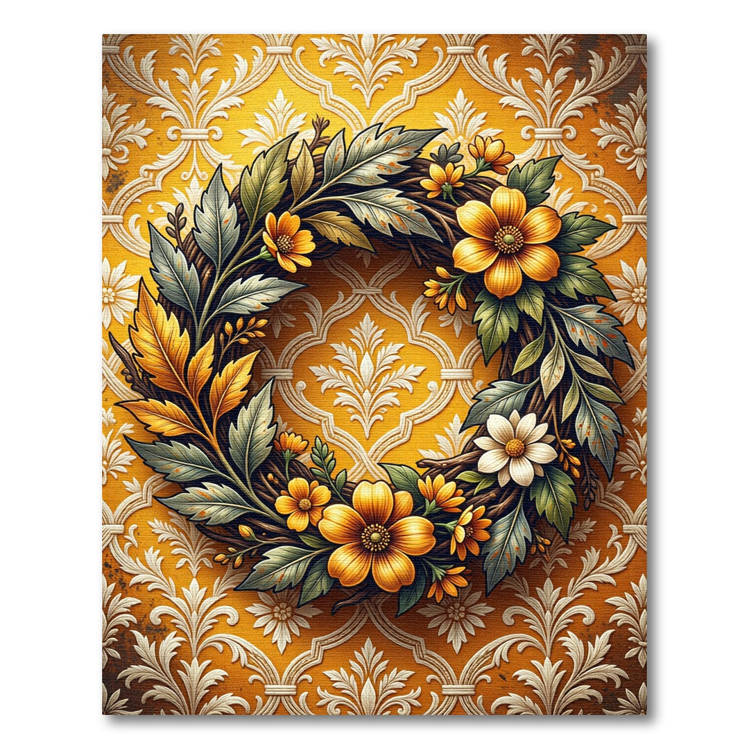 Golden Floral Wreath Damask Rug