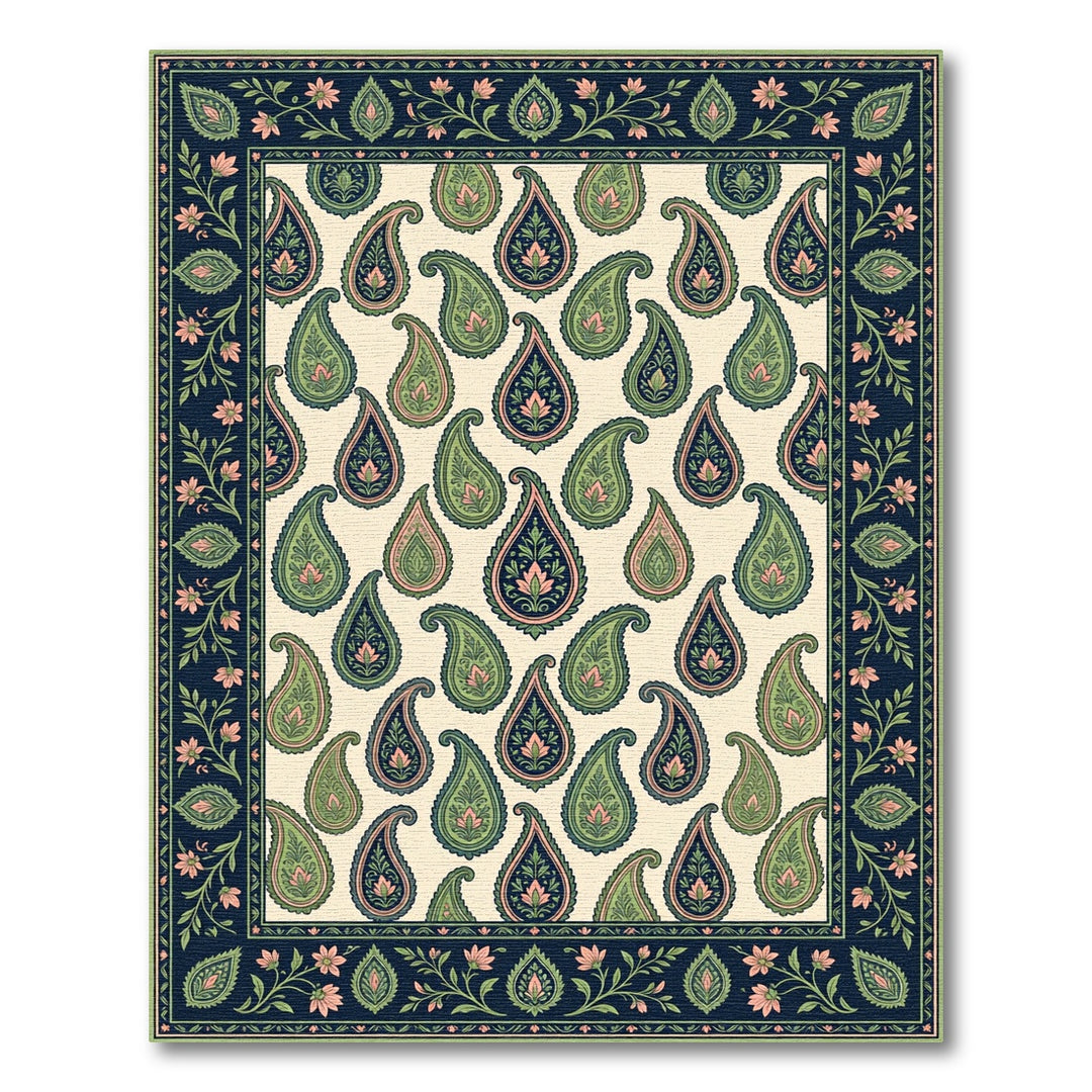 Navy Green Pink Paisley Garden Border Rug