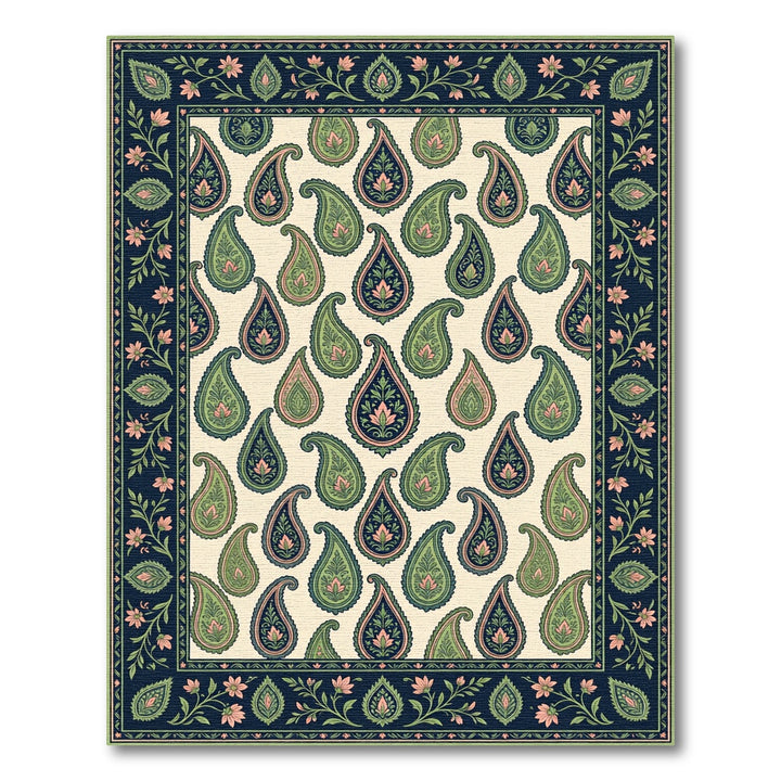 Navy Green Pink Paisley Garden Border Rug