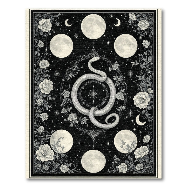 Black White Celestial Serpent Floral Rug