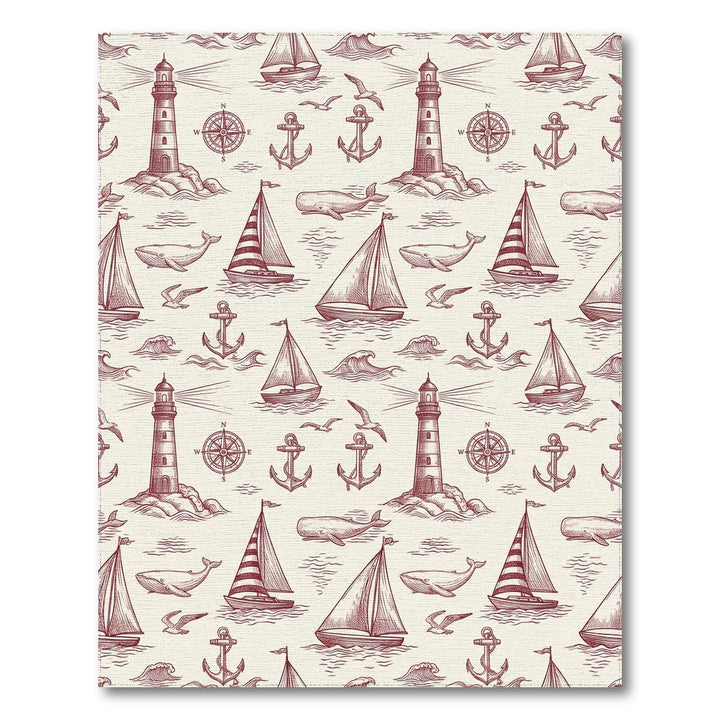 Nautical Sketch Lighthouse Sailboat Whale Anchor Rug