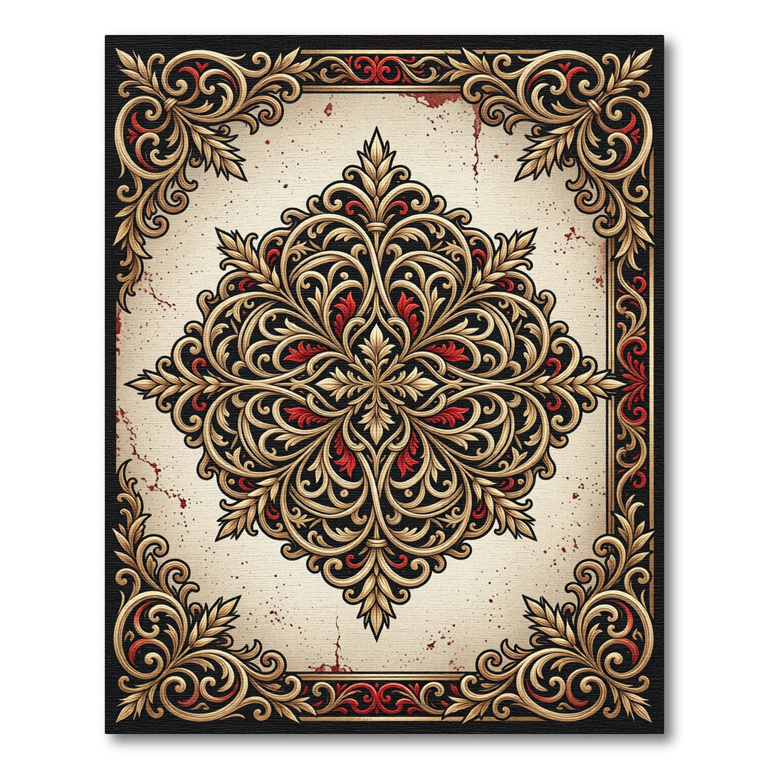 Ornate Crimson Gold Scroll Medallion Rug