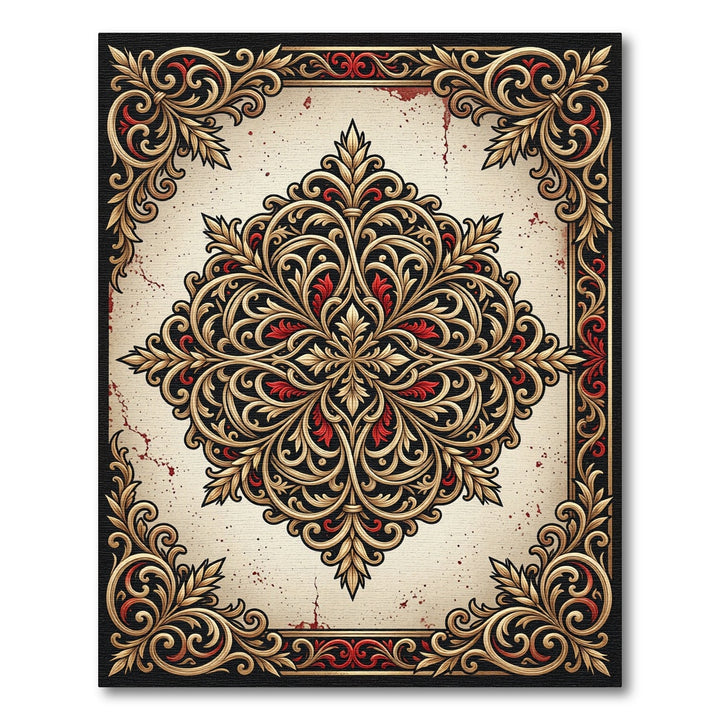 Ornate Crimson Gold Scroll Medallion Rug