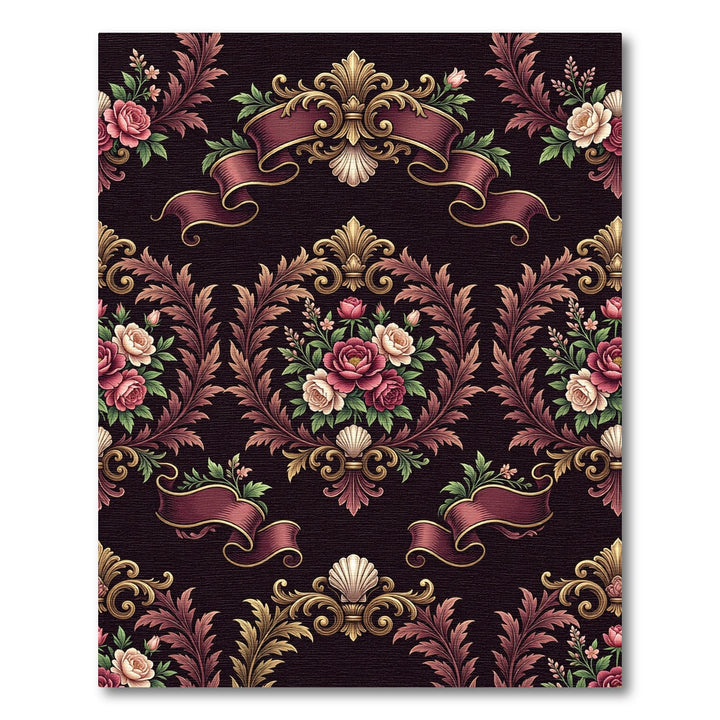 Ornate Rouge Floral Scrollwork Rug