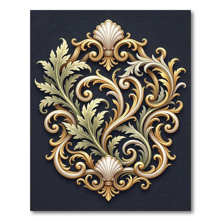Ornate Gold Seashell Leaf Scroll Rug