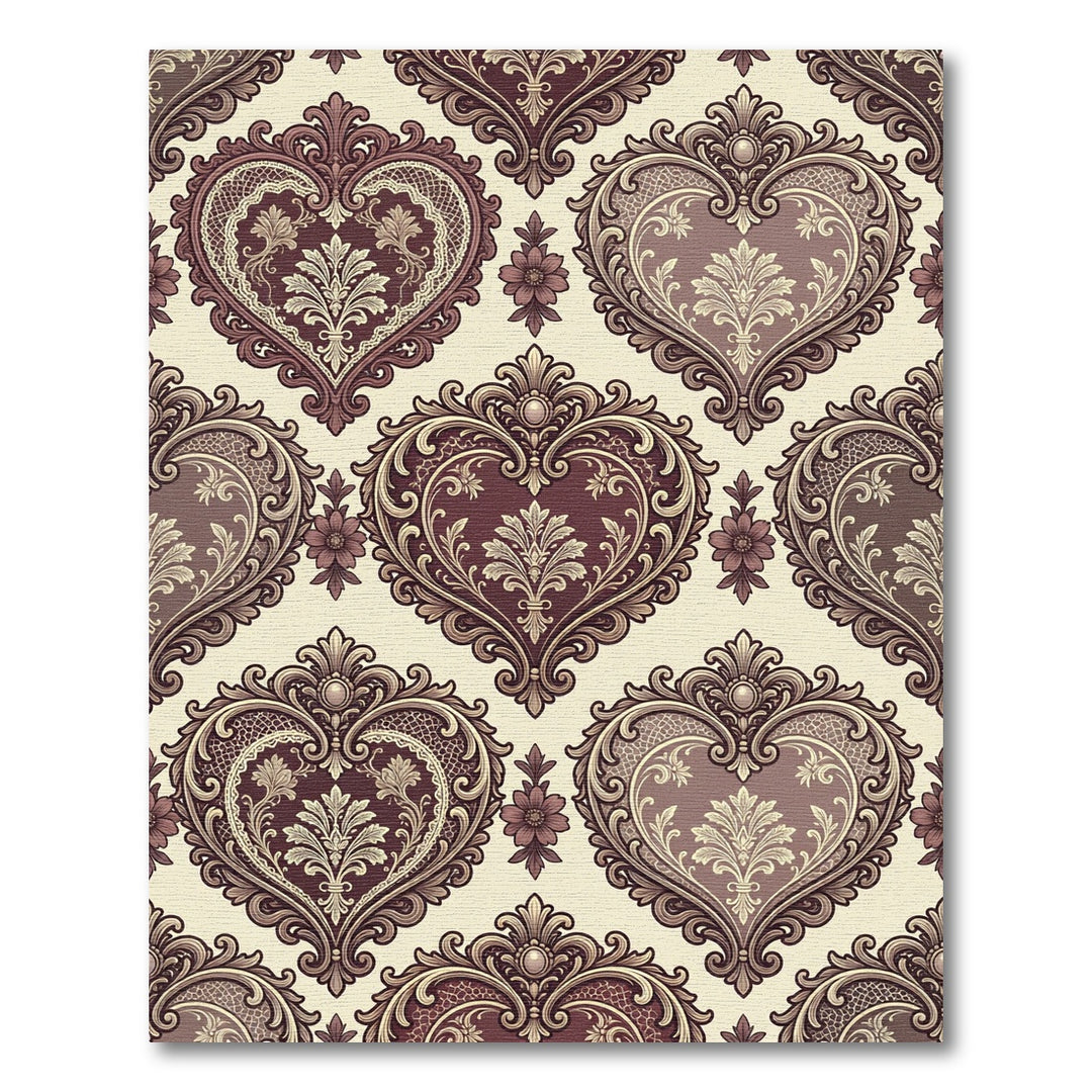 Ornate Burgundy Heart Damask Rug