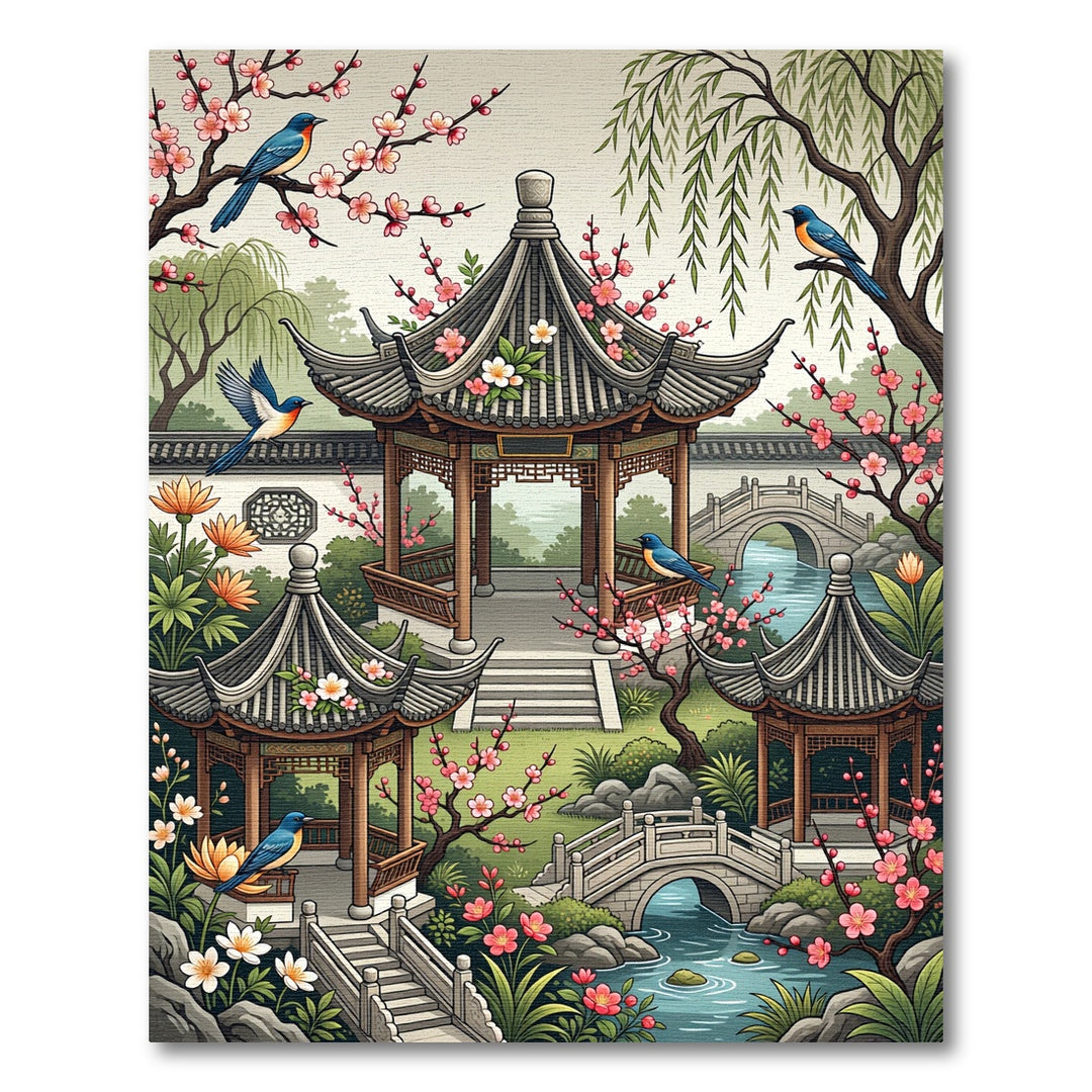 Elegant Chinese Garden Bird Blossom Rug