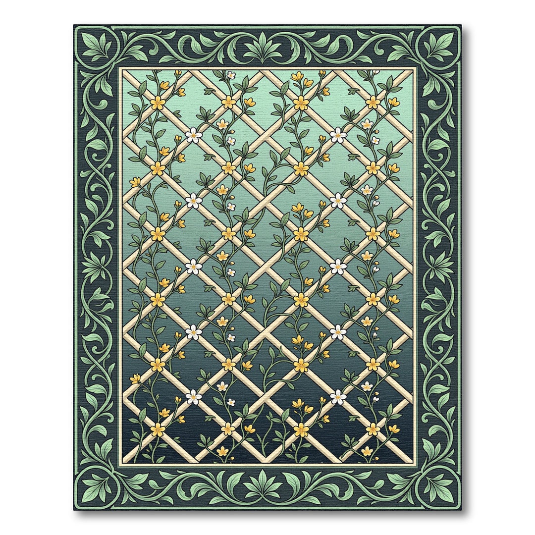 Green Lattice Yellow Floral Botanical Rug