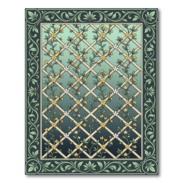 Green Lattice Yellow Floral Botanical Rug