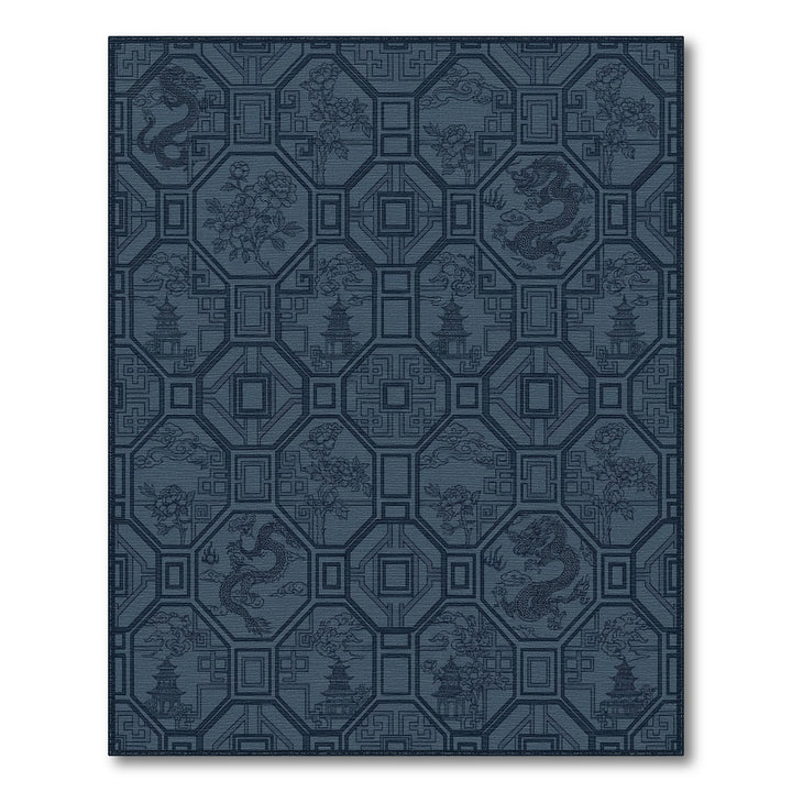 Deep Blue Dragon Pagoda Floral Medallion Rug