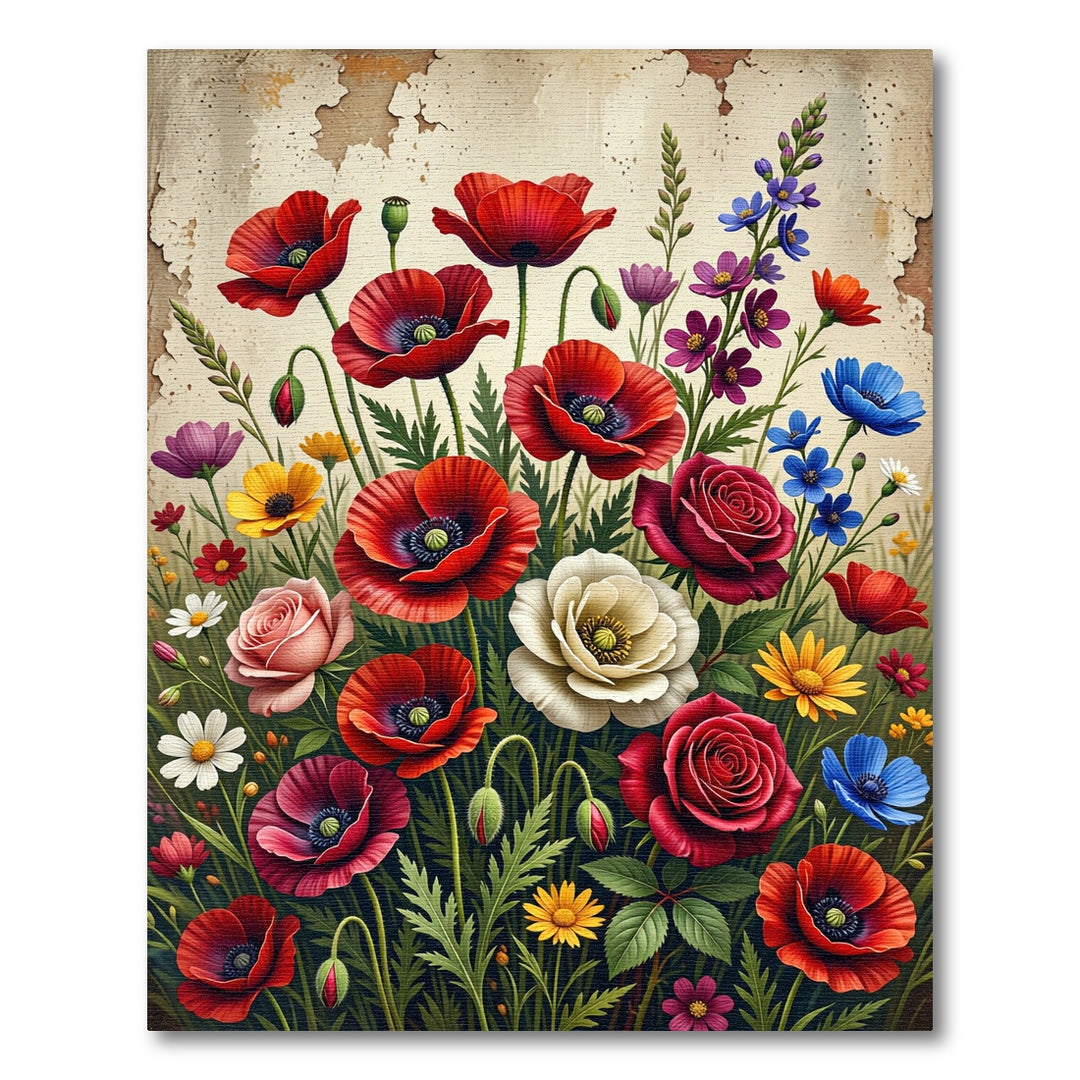 Vibrant Red Poppy Garden Medley Rug