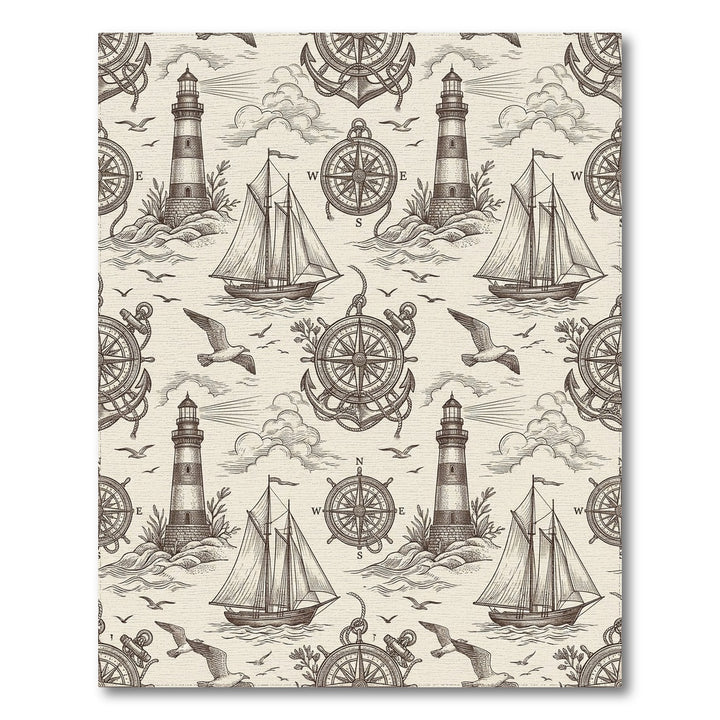 Nautical Sketch Lighthouse Sailboat Compass Seagull Rug