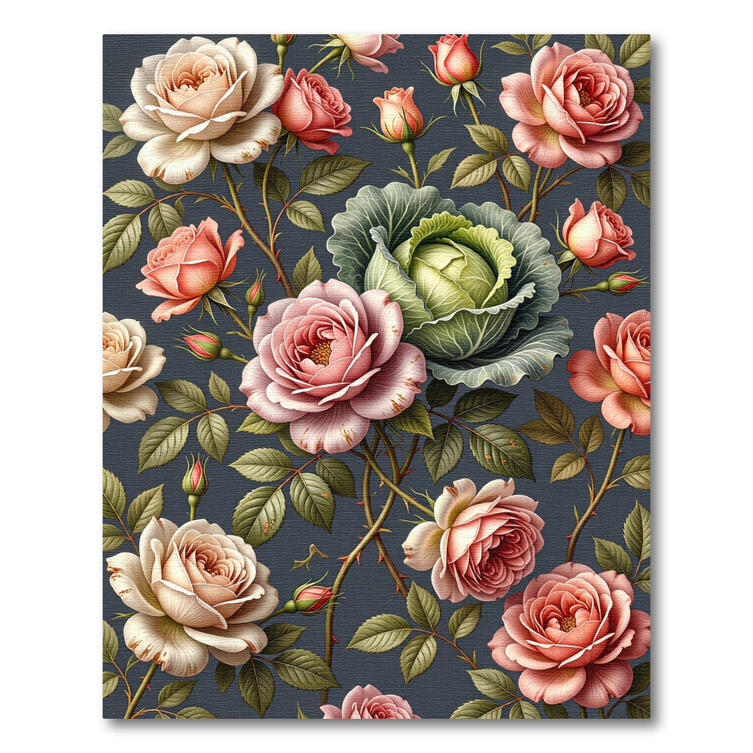 Pink Rose Cabbage Dark Floral Garden Rug