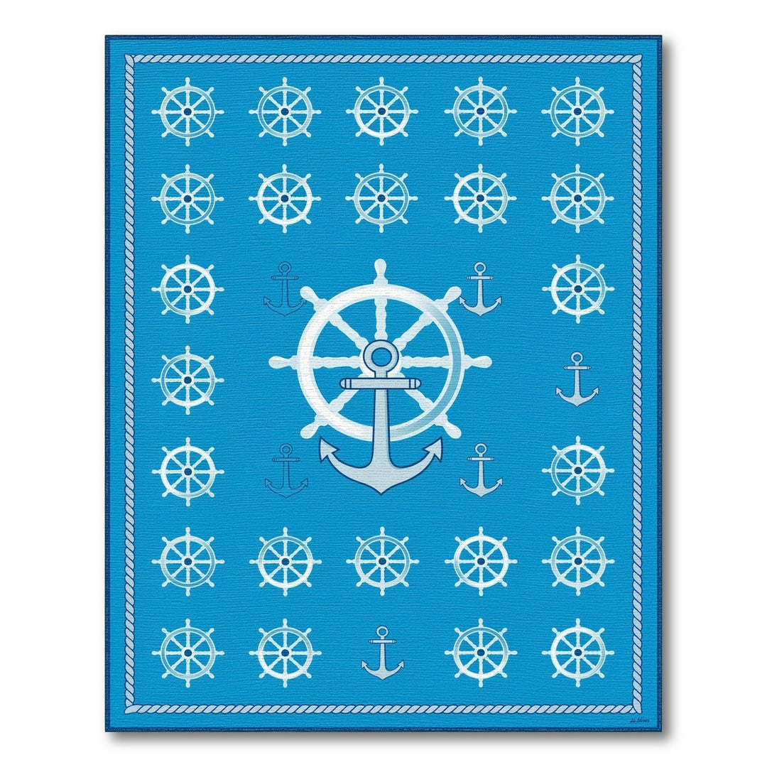 Blue Nautical Ship Wheel Anchor Area Rug