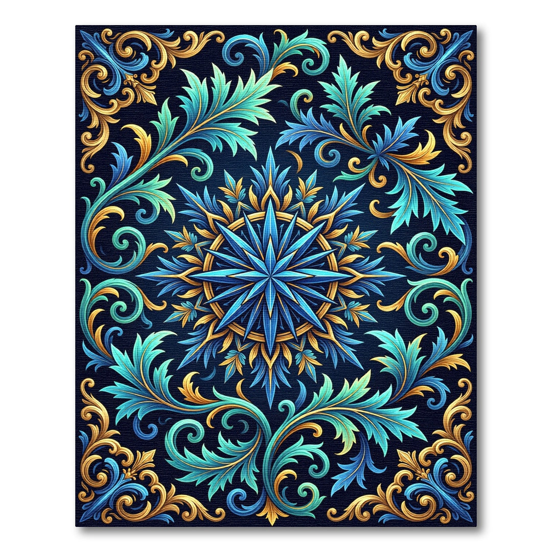 Blue Gold Scrollwork Floral Medallion Rug