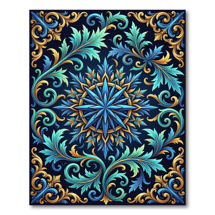 Blue Gold Scrollwork Floral Medallion Rug