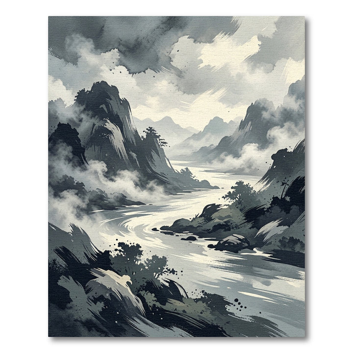Misty Mountain River Landscape Rug