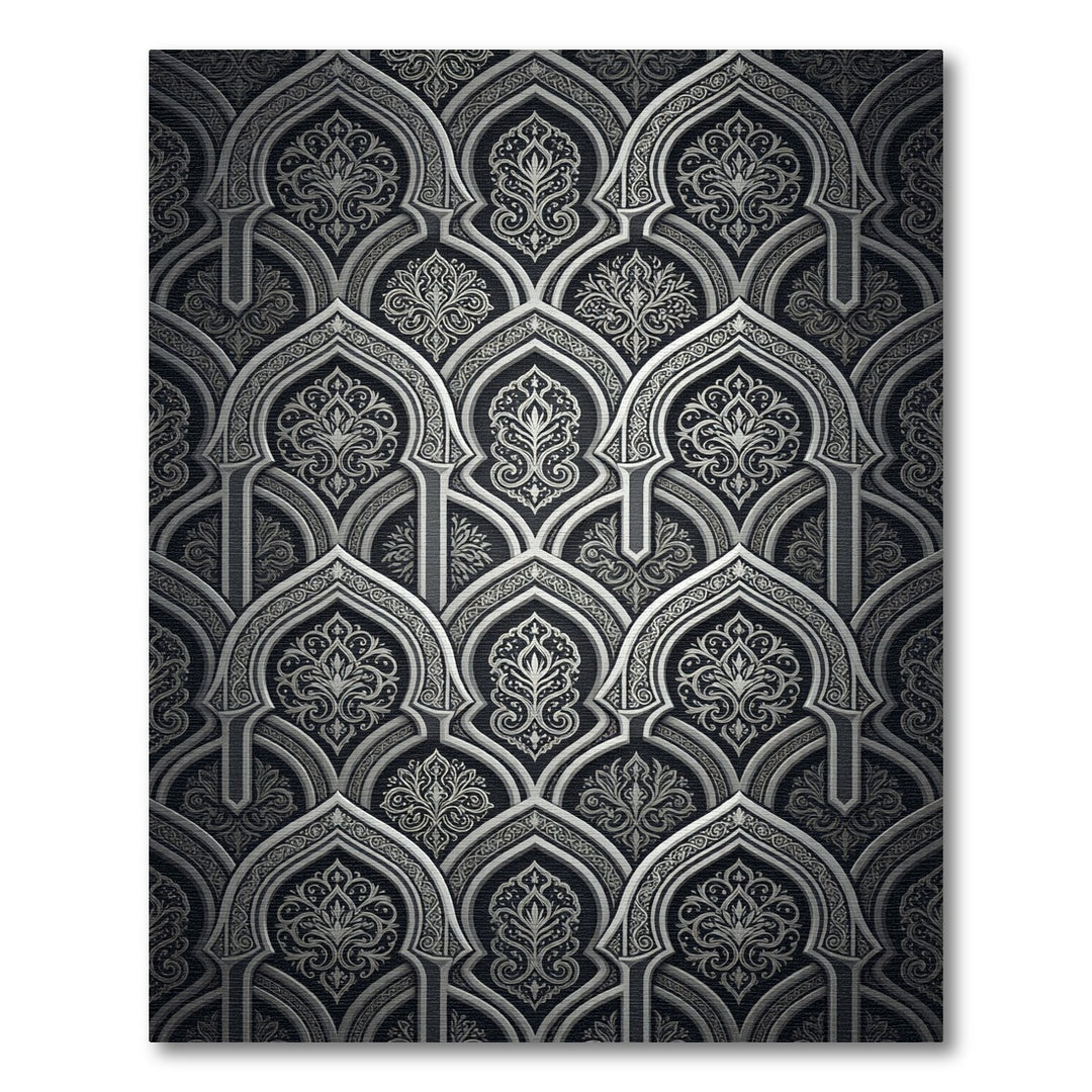 Intricate Silver Arabesque Arch Fabric Rug