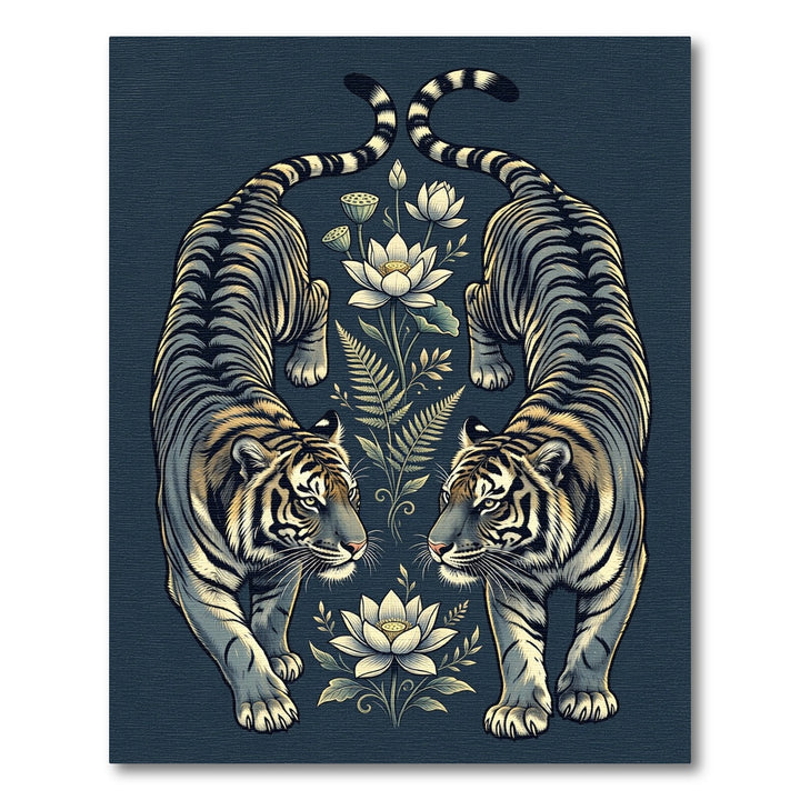 Symmetrical Tigers Lotus Botanical Composition Rug