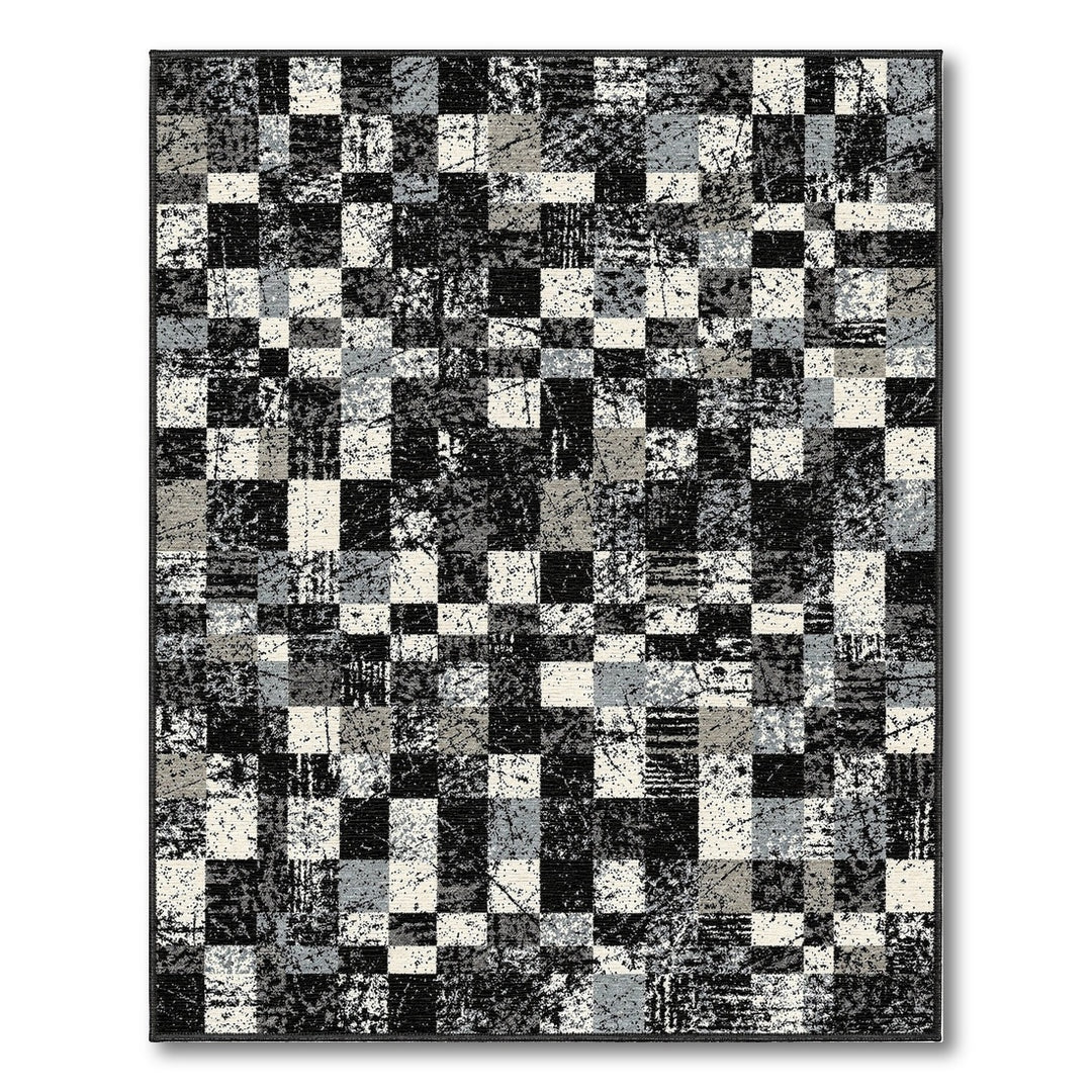 Distressed Black White Checkered Area Rug