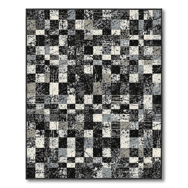 Distressed Black White Checkered Area Rug