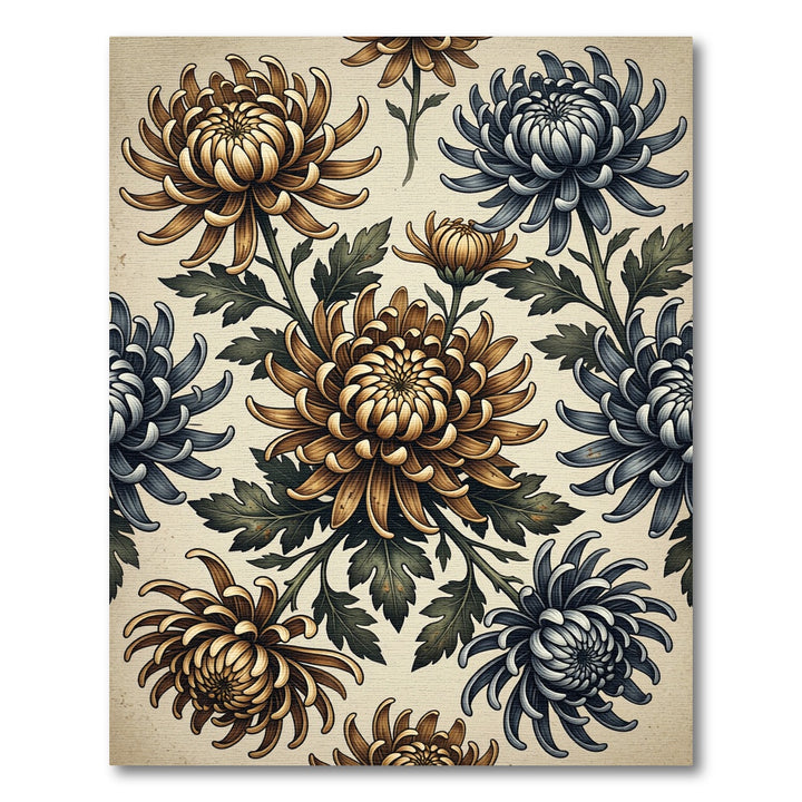 Golden Blue Chrysanthemum Floral Meadow Rug